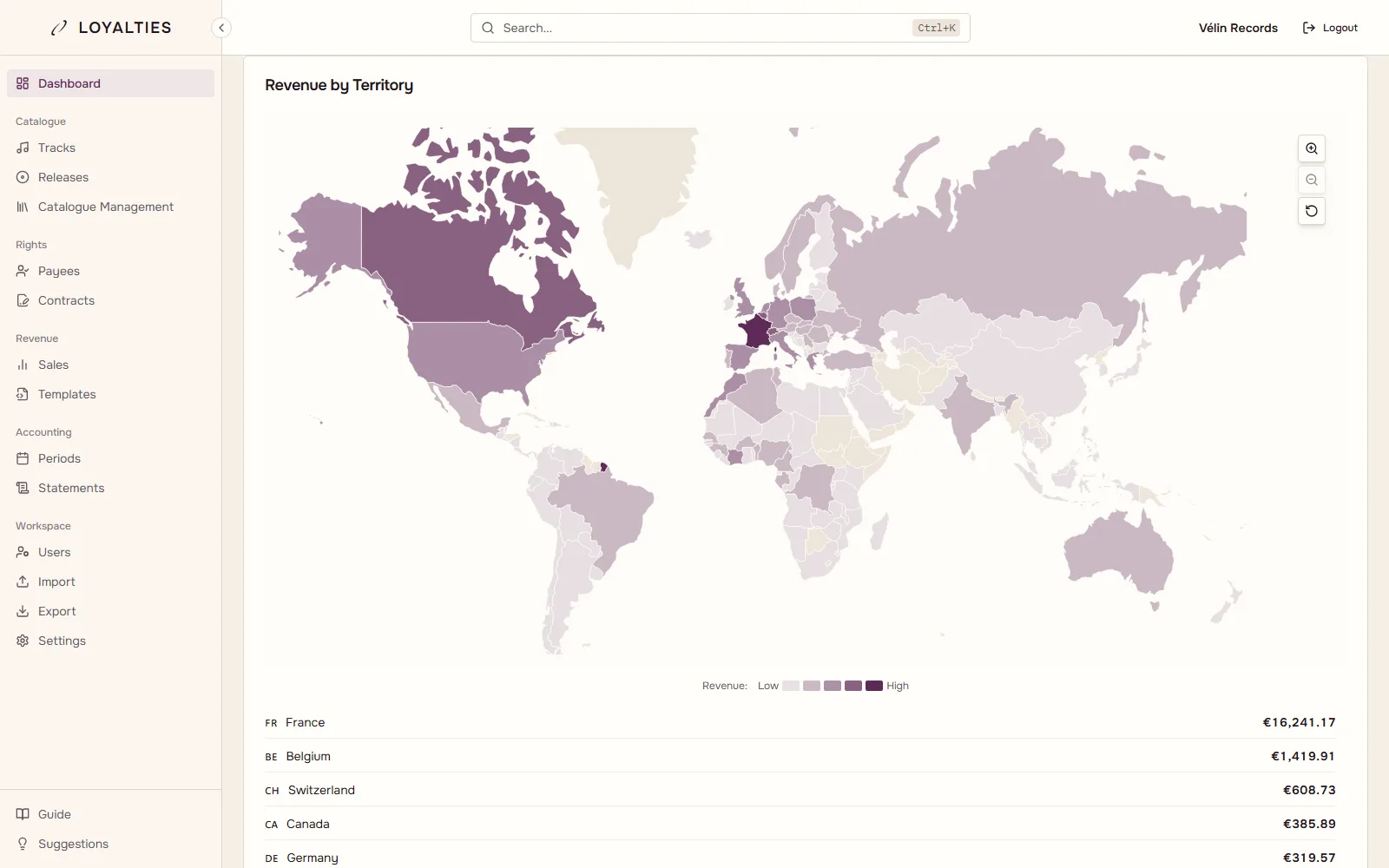Loyalties world map shaded by revenue per country, with the list of countries and their amounts.